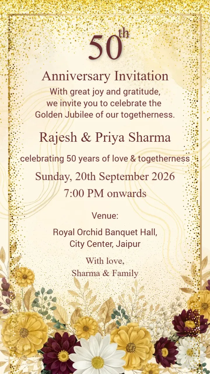 Modern Minimal Indian 50th Golden Jubilee Anniversary Invitation Card (Editable)