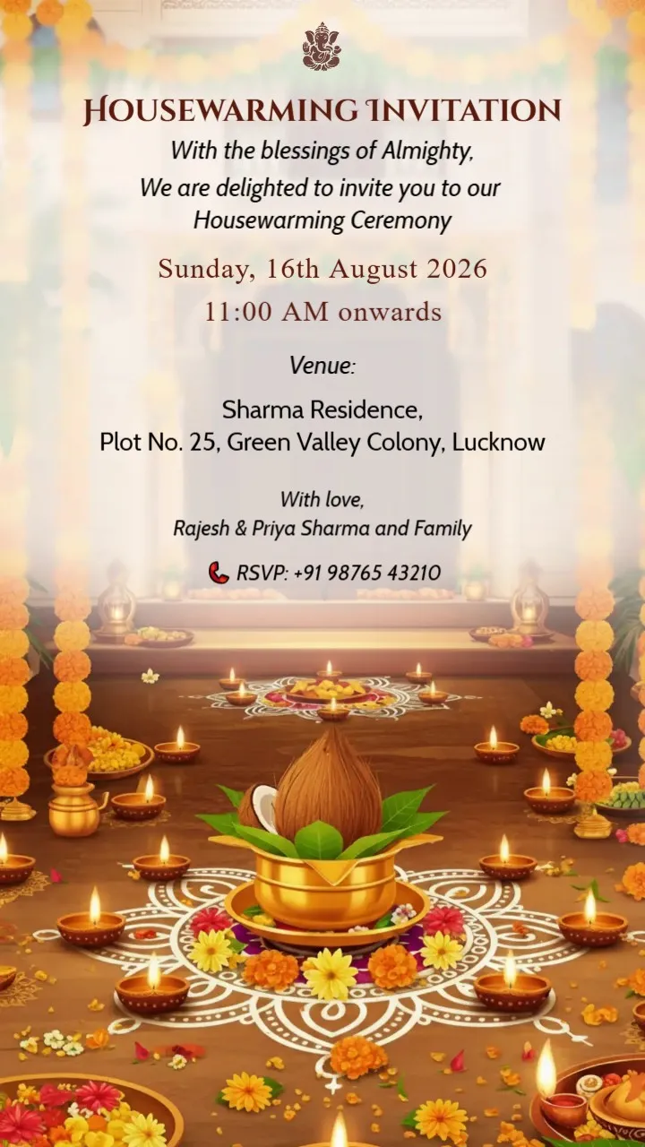 Traditional Griha Pravesh Invitation Card (English Format)