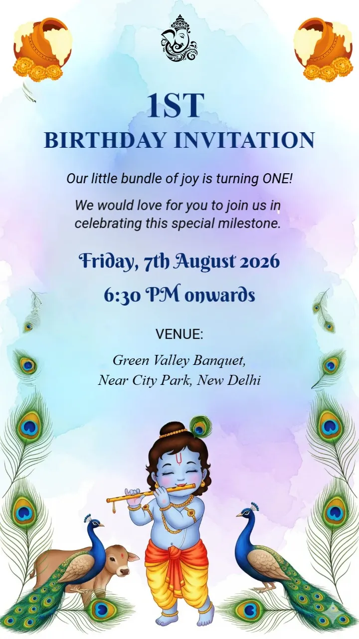 Traditional Indian 1st Birthday Invitation Card Printable & Editable